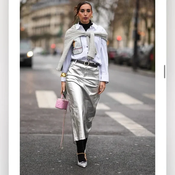 ZARA Stunning Silver Faux Leather Metallic Midi w/Broad Waistband & back slit🔥🔥🔥 - Picture 3 of 12